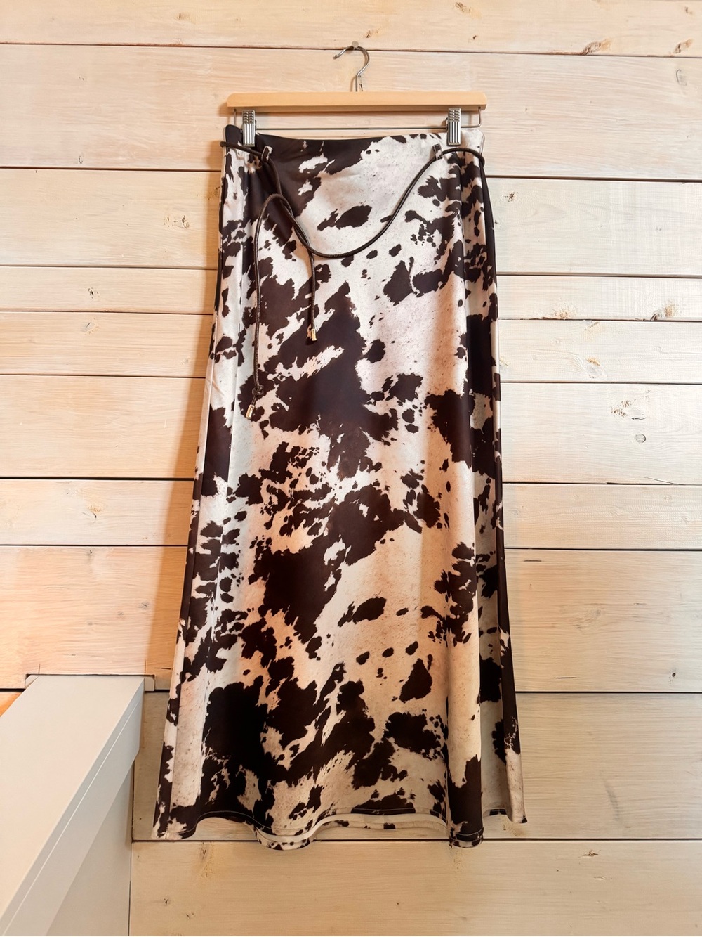 Cowhide Print Satin Like A-Line Skirt - Brown and Cream
